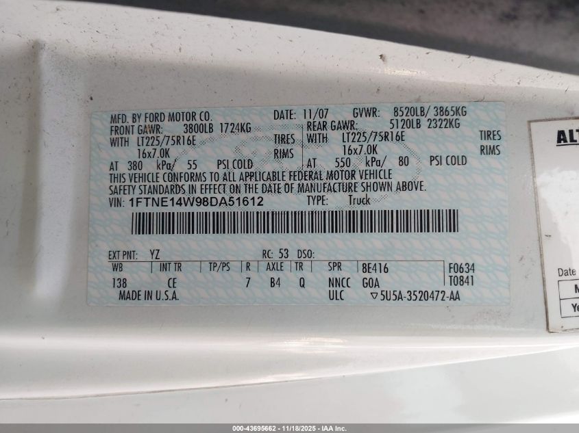 2008 Ford E-150 Commercial/Recreational VIN: 1FTNE14W98DA51612 Lot: 43695662