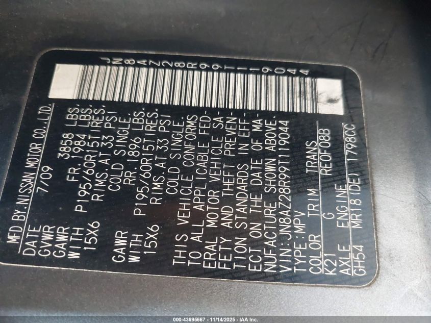 2009 Nissan Cube 1.8S VIN: JN8AZ28R99T119044 Lot: 43695667