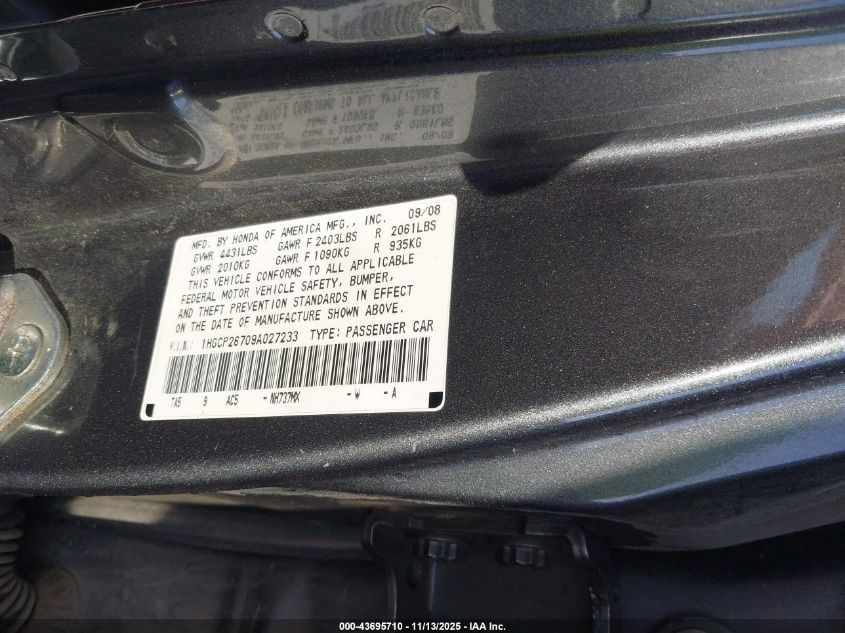 2009 Honda Accord 2.4 Ex VIN: 1HGCP26709A027233 Lot: 43695710