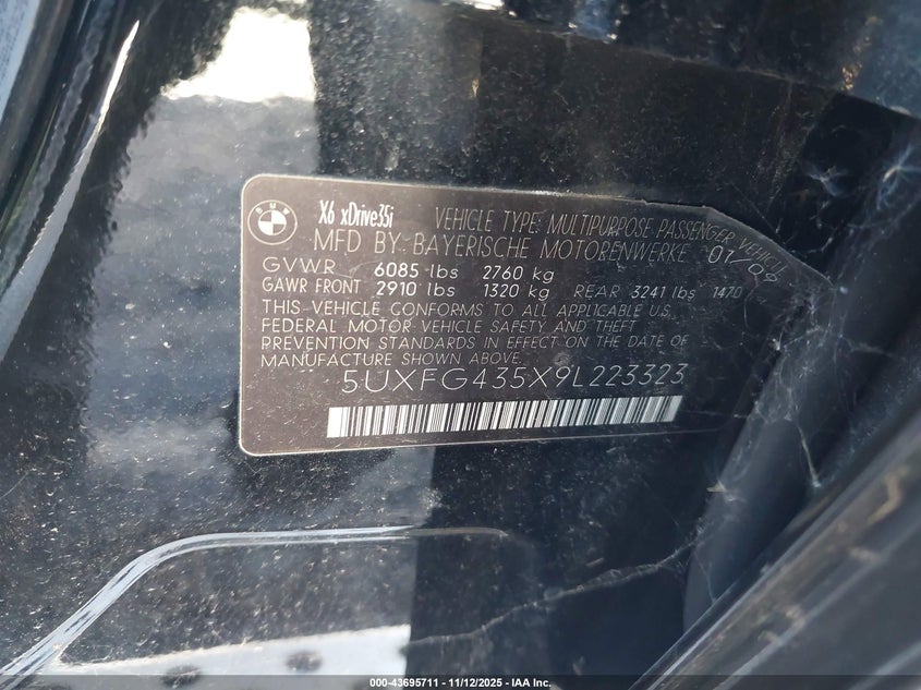 2009 BMW X6 xDrive35I VIN: 5UXFG435X9L223323 Lot: 43695711