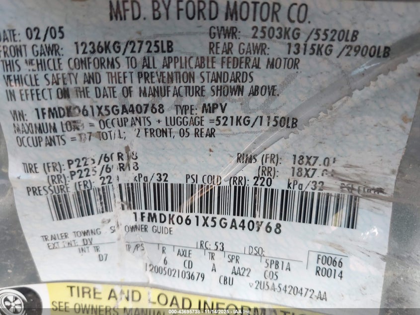 2005 Ford Freestyle Limited VIN: 1FMDK061X5GA40768 Lot: 43695738