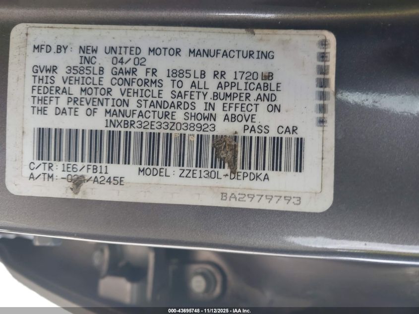 2003 Toyota Corolla Ce VIN: 1NXBR32E33Z038923 Lot: 43695748