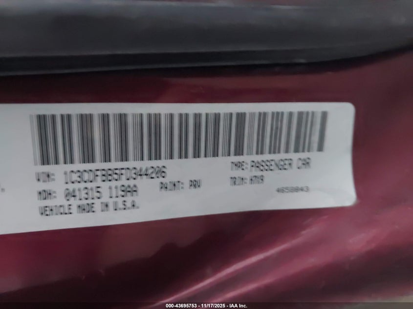 2015 Dodge Dart Sxt VIN: 1C3CDFBB5FD344206 Lot: 43695753