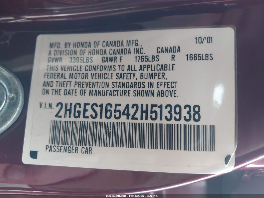 2002 Honda Civic Lx VIN: 2HGES16542H513938 Lot: 43695760