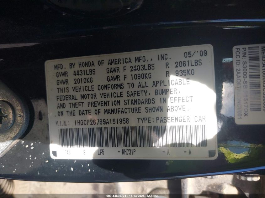 2009 Honda Accord 2.4 Ex VIN: 1HGCP26769A151958 Lot: 43695774