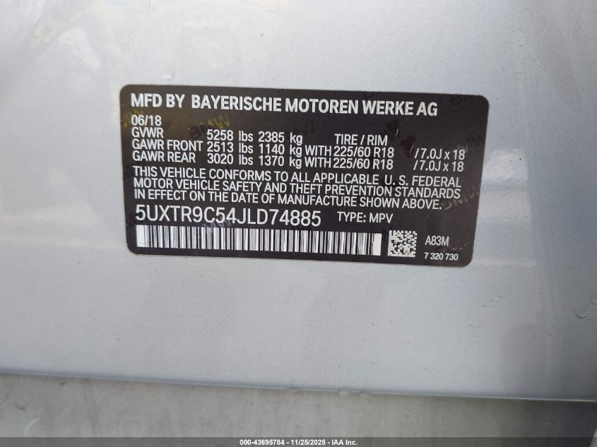 2018 BMW X3 xDrive 30I Sports xDrive30I VIN: 5UXTR9C54JLD74885 Lot: 43695784