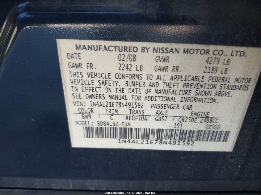 2008 Nissan Altima 2.5 S VIN: 1N4AL21E78N491592 Lot: 43695807