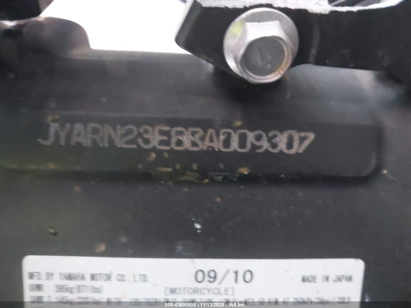 2011 Yamaha Yzfr1 VIN: JYARN23E8BA009307 Lot: 43695808