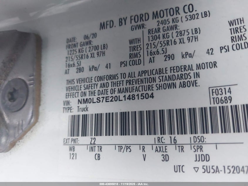 2020 Ford Transit Connect Xl VIN: NM0LS7E20L1481504 Lot: 43695818