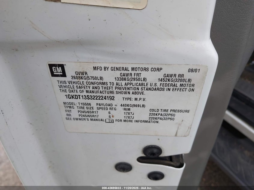 2002 GMC Envoy Slt VIN: 1GKDT13S322224192 Lot: 43695833