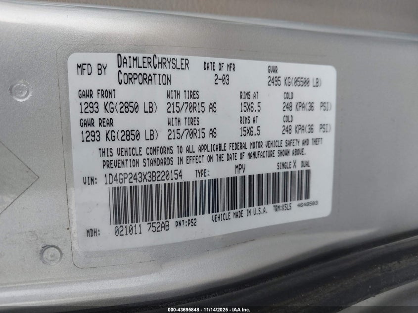 2003 Dodge Grand Caravan Se VIN: 1D4GP243X3B220154 Lot: 43695848