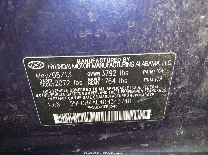 2013 HYUNDAI ELANTRA GLS 5NPDH4AE4DH343740