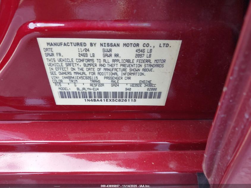 2005 Nissan Maxima 3.5 Se VIN: 1N4BA41EX5C826115 Lot: 43695857