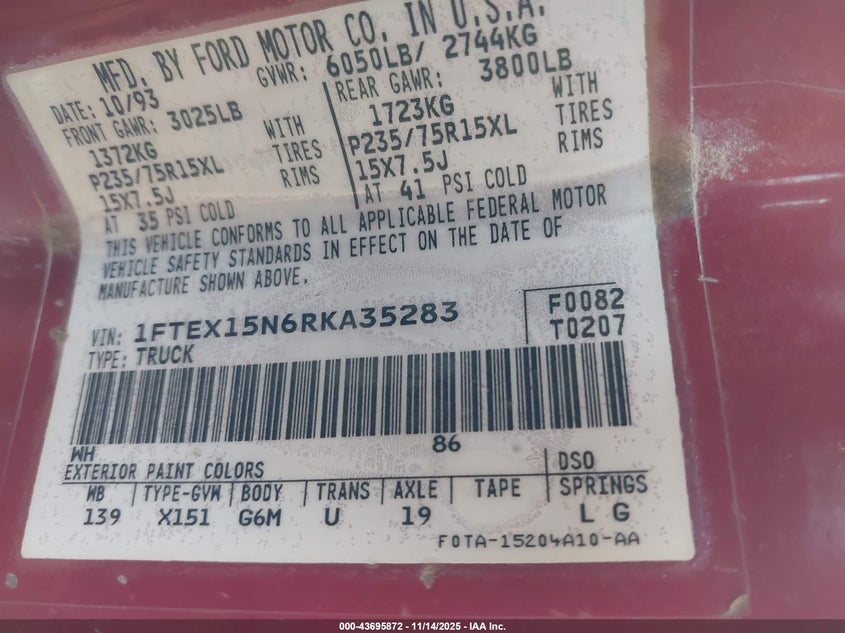 1994 Ford F150 VIN: 1FTEX15N6RKA35283 Lot: 43695872