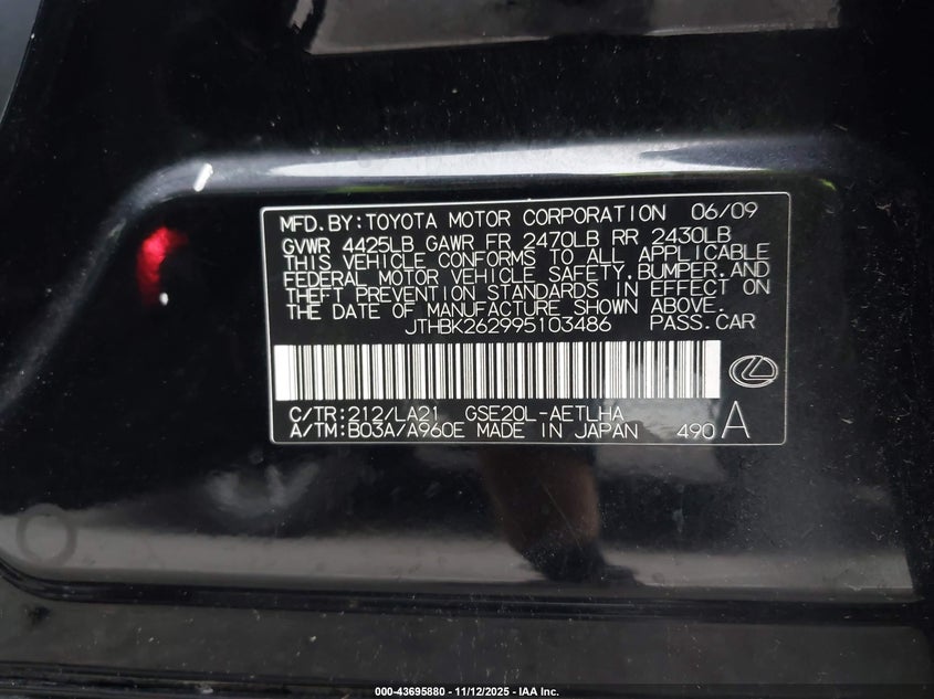 2009 Lexus Is 250 VIN: JTHBK262995103486 Lot: 43695880