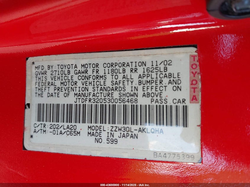 2003 Toyota Mr2 Spyder VIN: JTDFR320530056468 Lot: 43695900