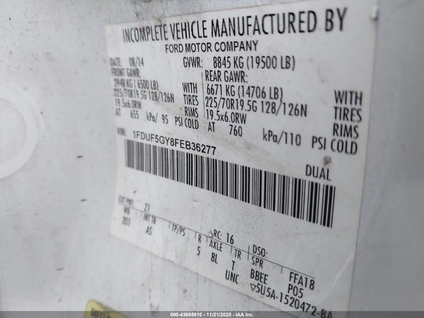 2015 Ford F-550 Chassis Xl VIN: 1FDUF5GY8FEB36277 Lot: 43695910