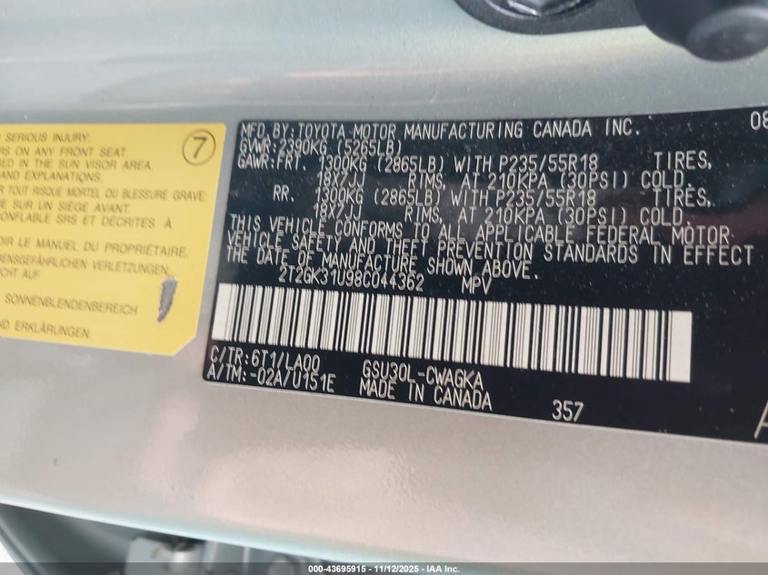 2008 Lexus Rx 350 VIN: 2T2GK31U98C044362 Lot: 43695915