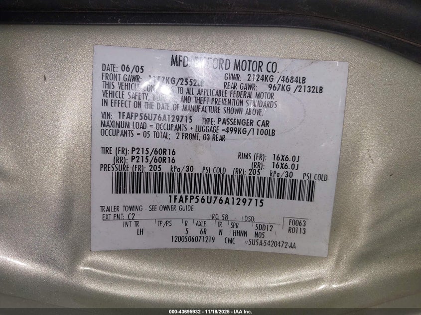 2006 Ford Taurus Sel VIN: 1FAFP56U76A129715 Lot: 43695932