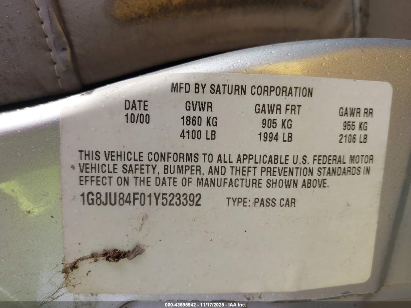 2001 Saturn Lw200 VIN: 1G8JU84F01Y523392 Lot: 43695942