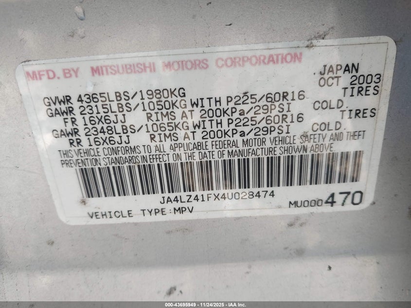 2004 Mitsubishi Outlander Xls VIN: JA4LZ41FX4U028474 Lot: 43695949