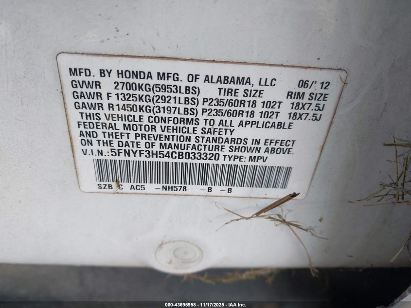 5FNYF3H54CB033320 2012 HONDA PILOT photo no. 9