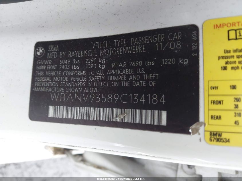 2009 BMW 535I xDrive VIN: WBANV93589C134184 Lot: 43695960