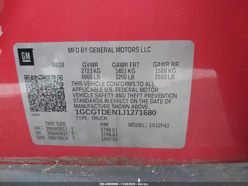 2018 Chevrolet Colorado Z71 VIN: 1GCGTDEN1J1271680 Lot: 43695966