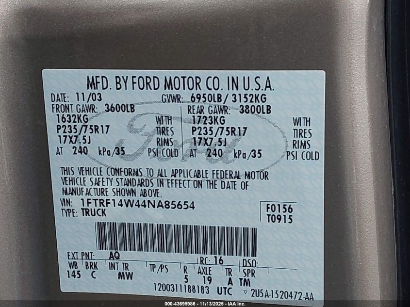 2004 Ford F-150 Stx/Xl/Xlt VIN: 1FTRF14W44NA85654 Lot: 43695986