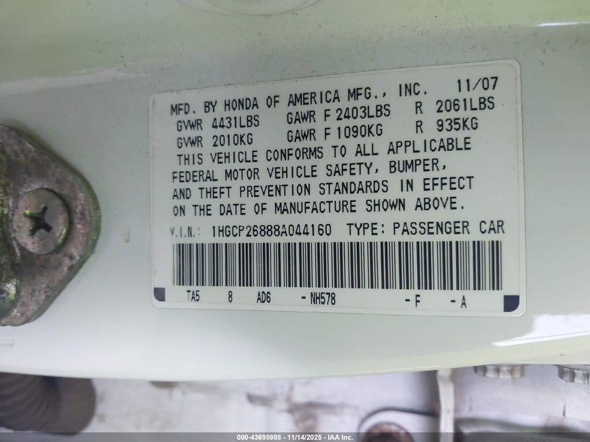 1HGCP26888A044160 2008 HONDA ACCORD photo no. 9