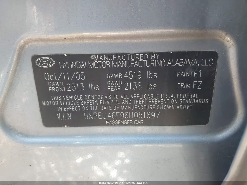 2006 Hyundai Sonata Gls V6/Lx V6 VIN: 5NPEU46F96H051697 Lot: 43695999