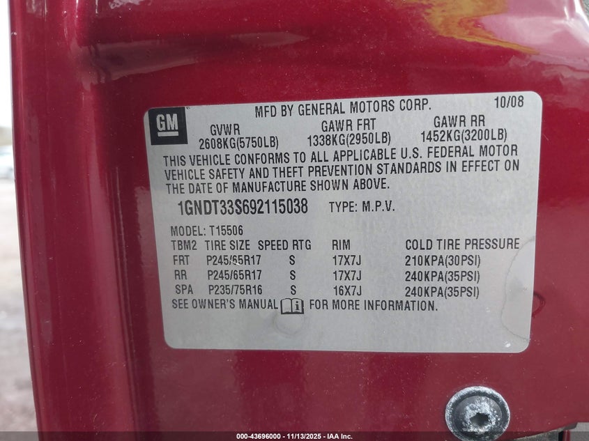 2009 Chevrolet Trailblazer Lt VIN: 1GNDT33S692115038 Lot: 43696000