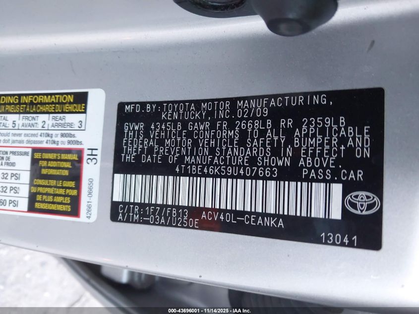 2009 Toyota Camry Le VIN: 4T1BE46K59U407663 Lot: 43696001