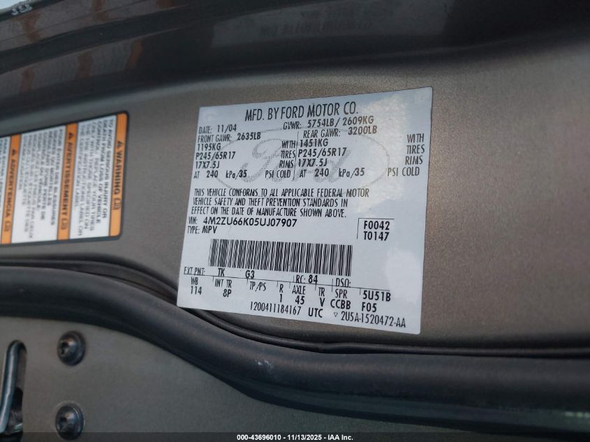 2005 Mercury Mountaineer VIN: 4M2ZU66K05UJ07907 Lot: 43696010