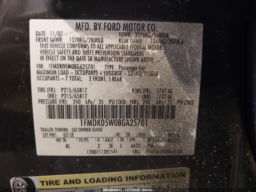 2008 Ford Taurus X Sel VIN: 1FMDK05W08GA25701 Lot: 43696013