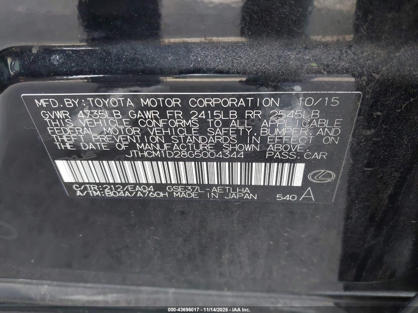 JTHCM1D28G5004344 2016 LEXUS IS photo no. 9