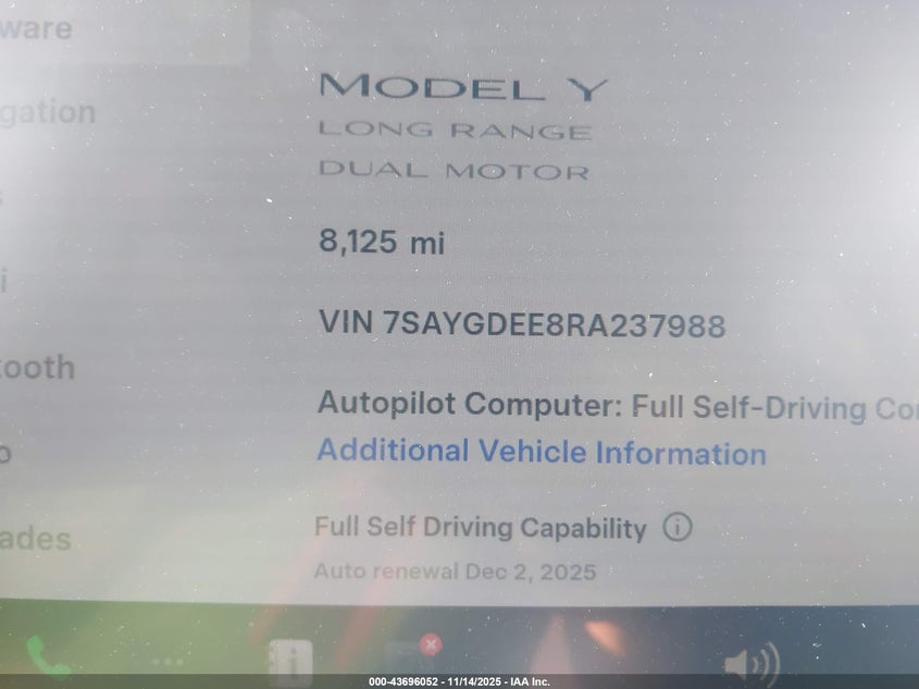 2024 Tesla Model Y Long Range Dual Motor All-Wheel Drive VIN: 7SAYGDEE8RA237988 Lot: 43696052