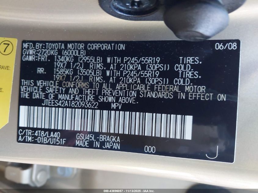 2008 Toyota Highlander Limited VIN: JTEES42A182093622 Lot: 43696057