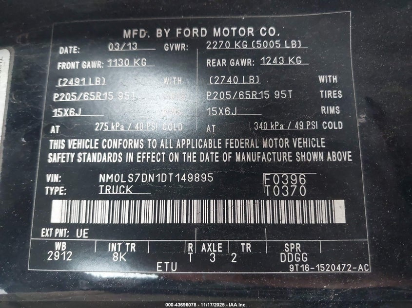 2013 Ford Transit Connect Xlt VIN: NM0LS7DN1DT149895 Lot: 43696078