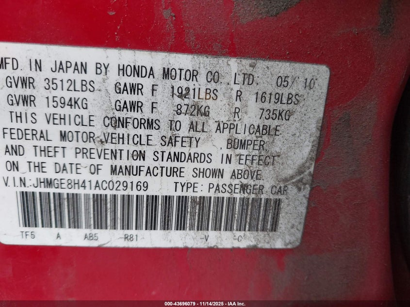 2010 Honda Fit Sport VIN: JHMGE8H41AC029169 Lot: 43696079