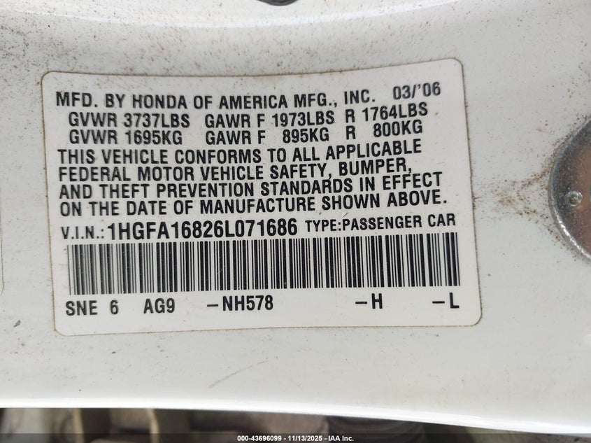 1HGFA16826L071686 2006 HONDA CIVIC photo no. 9