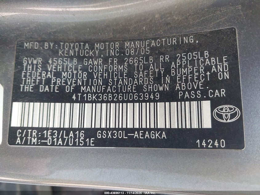 2006 Toyota Avalon Xls VIN: 4T1BK36B26U063949 Lot: 43696113