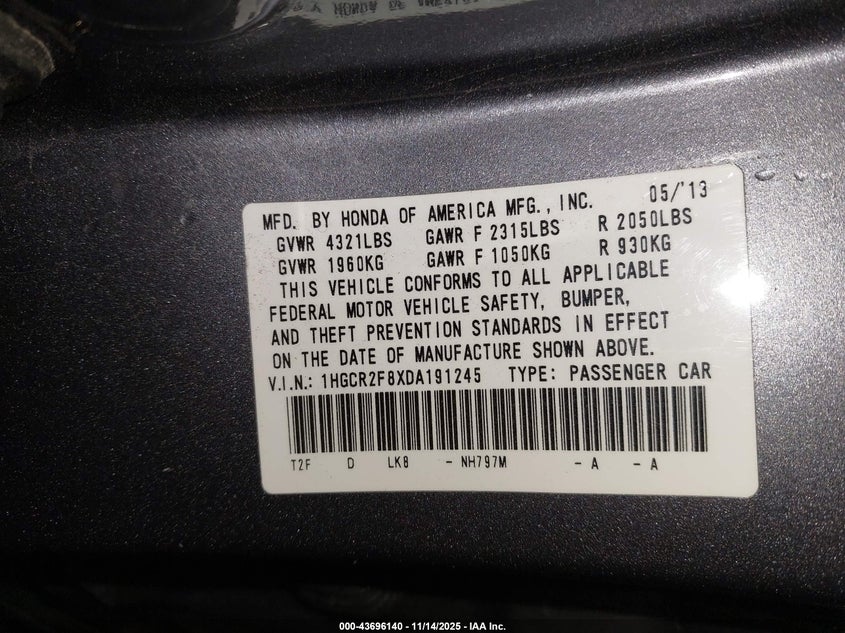 1HGCR2F8XDA191245 2013 HONDA ACCORD photo no. 9