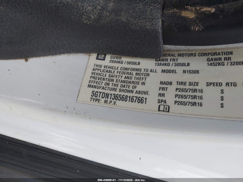 2006 Hummer H3 Suv VIN: 5GTDN136568167661 Lot: 43696141