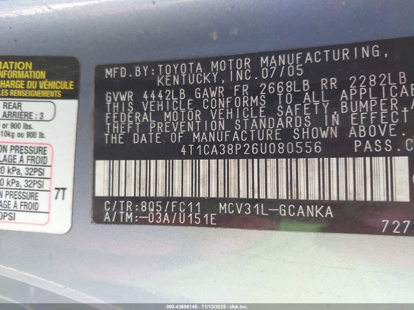 2006 Toyota Camry Solara Se Sport V6 VIN: 4T1CA38P26U080556 Lot: 43696146