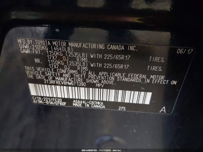 2017 Toyota Rav4 Xle VIN: 2T3RFREV8HW671390 Lot: 43696155