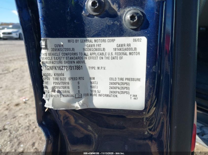 2002 Chevrolet Suburban 1500 Lt VIN: 1GNFK16Z72J317861 Lot: 43696158