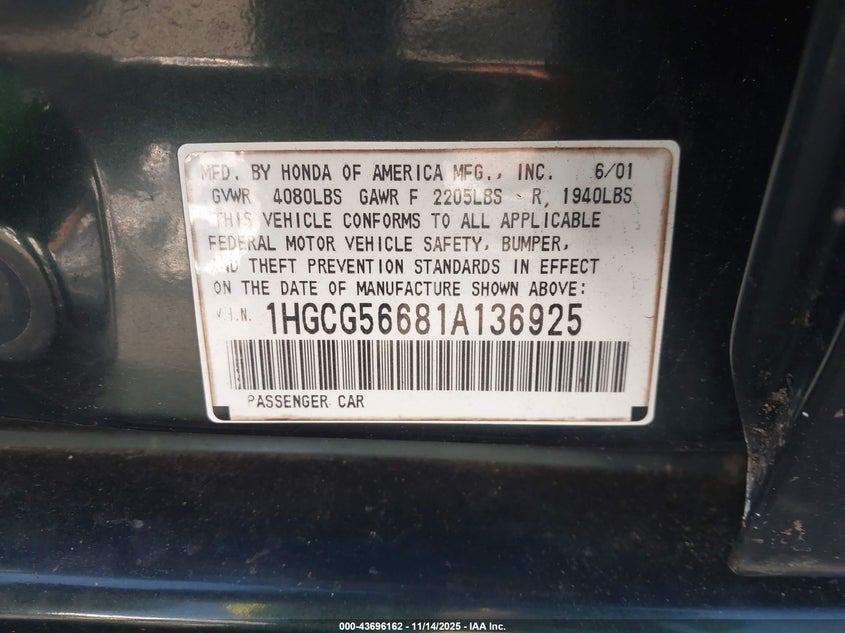 1HGCG56681A136925 2001 HONDA ACCORD photo no. 9