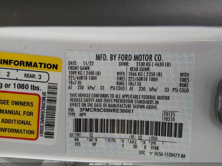 2022 Ford Bronco Sport Outer Banks VIN: 3FMCR9C68NRE30661 Lot: 43696172