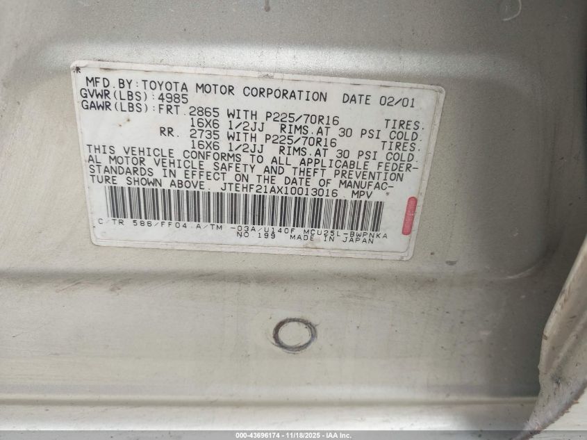 2001 Toyota Highlander V6 VIN: JTEHF21AX10013016 Lot: 43696174